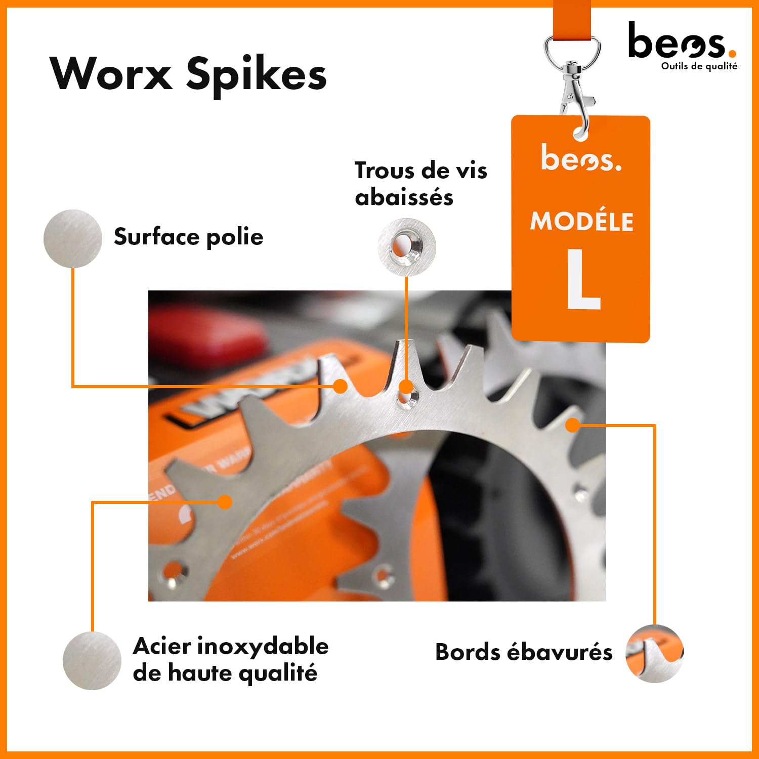 BEOS 2 x Crampons en Acier Inoxydable de qualité supérieure pour Worx Landroid L & Vision + 12 x vis en Acier Inoxydable – Amélioration de la Traction pour Tondeuse Robot – Taille des Roues 225 mm
