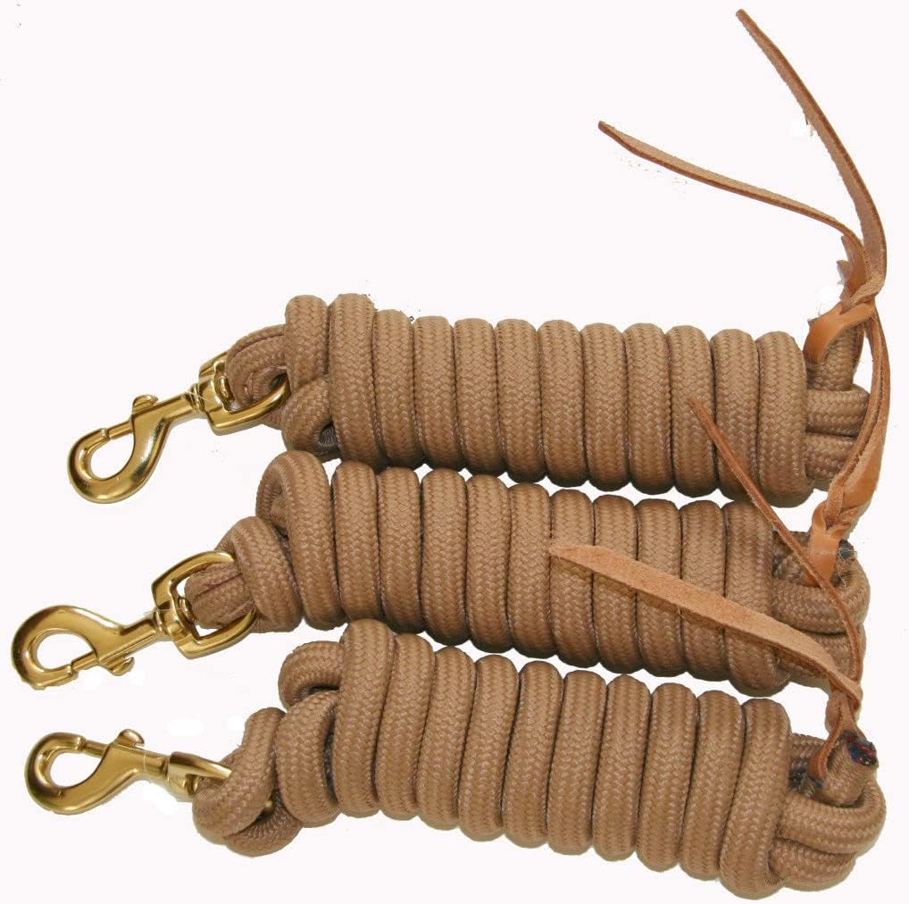 AJ Tack 9 Foot Nylon Lead Rope with Leather Popper - Set of 3 Tan