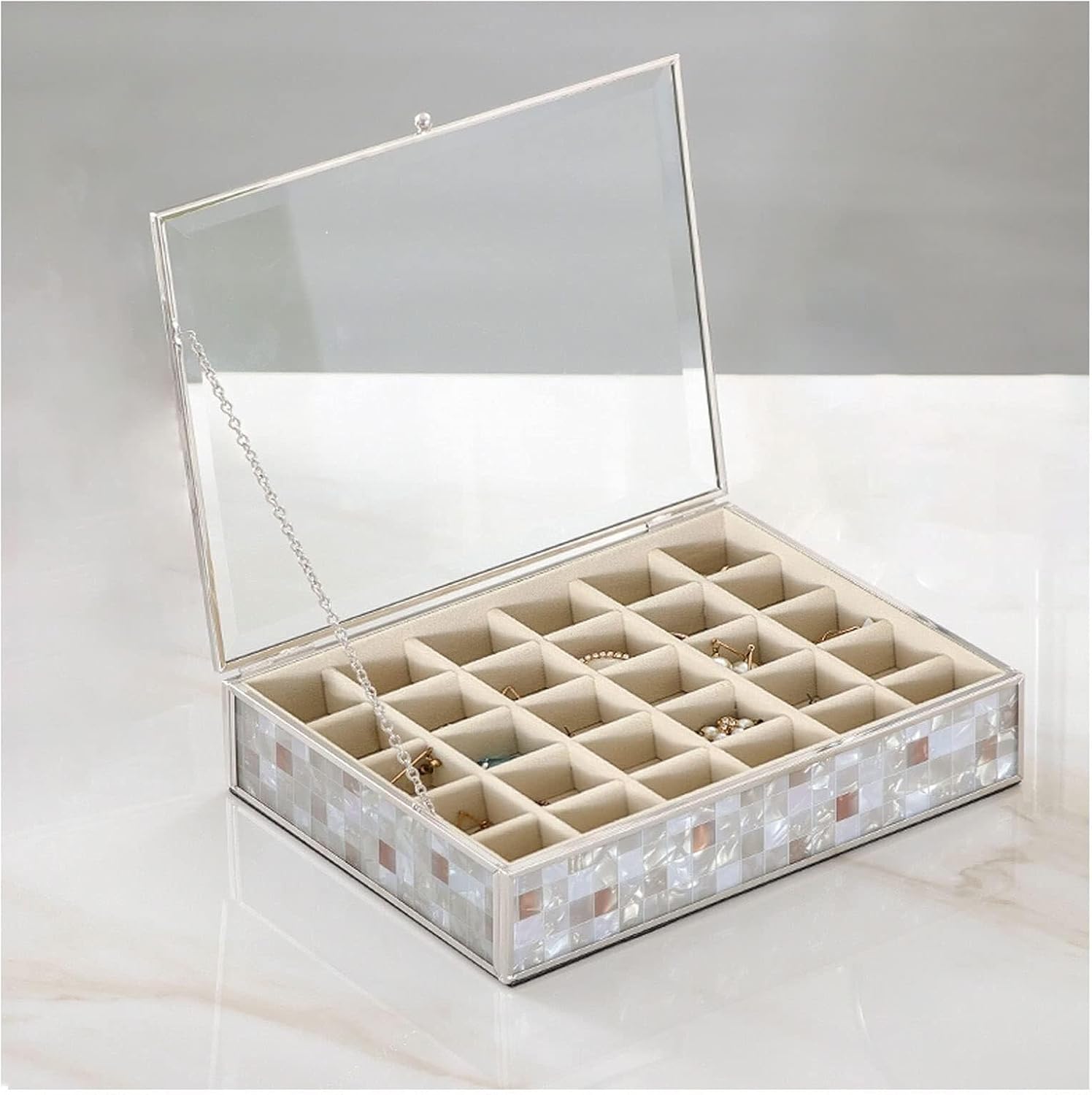 Luxury Glass Jewelry Organizer Box With Gold Border, Elegant Storage For Rings, Necklaces, Earrings, And Watches, Velvet Lining, Ladies Gift Jewelry Box