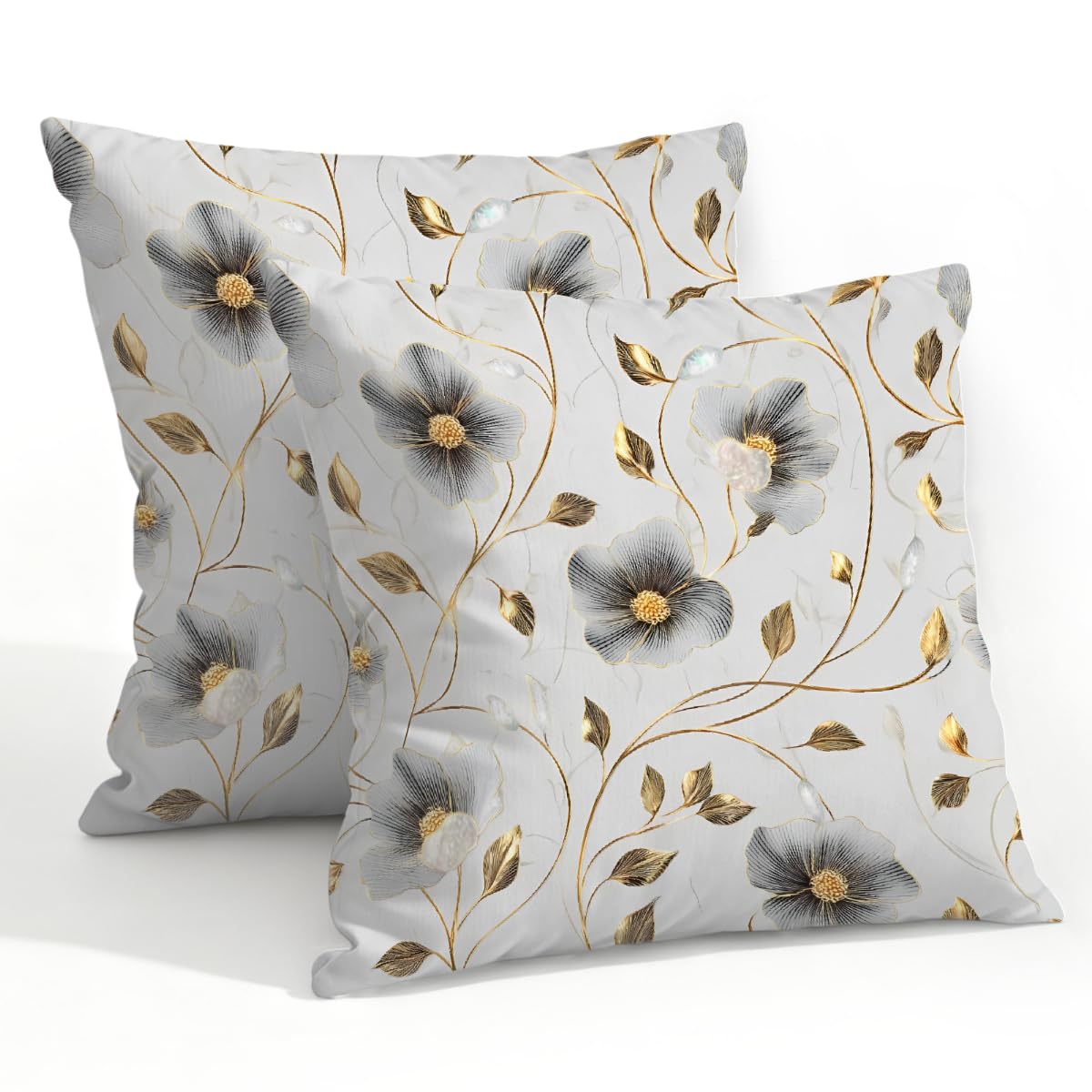 Outdoor Pillow Covers Waterproof Pillowcases 22x22in Set of 2 Swirling Gray Flowers Golden Leaves Decorative Throw Cushion Case for Couch Sofa Garden Patio Furniture