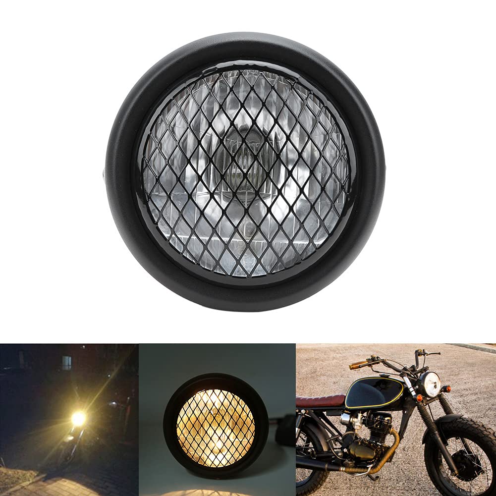 Faro anteriore retrò universale per moto DC12V, faro anteriore a fascio alto/basso impermeabile con lente in vetro curvo, custodia in ferro per CG125 GN125 ((Guscio nero e copertura bianca))