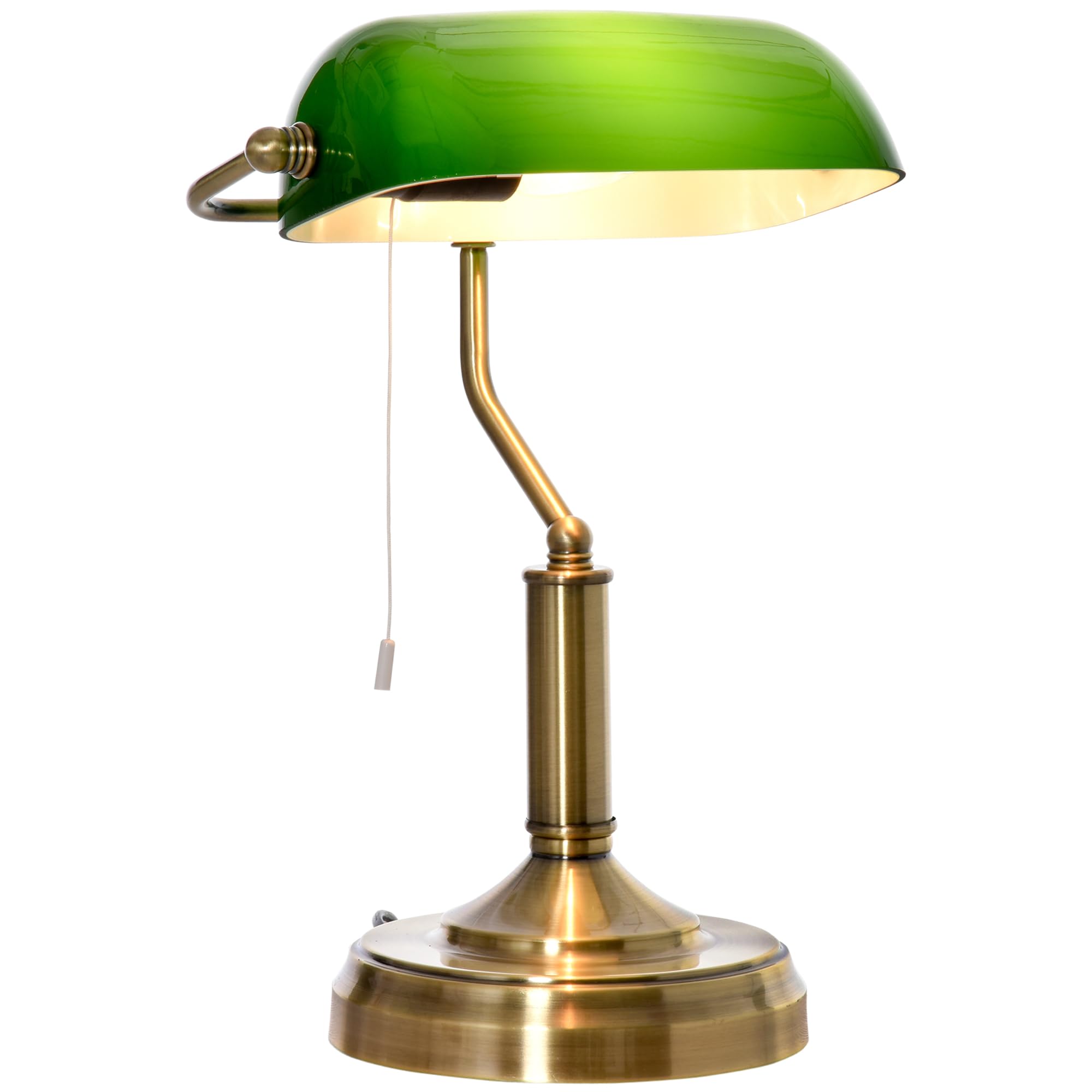 HOMCOM Banker's Table Lamp with Glass Shade Green | Desk Lamp with Vintage Bronze Tone Base, Pull Rope Switch, for Home Office, Living Room, Bedroom, Dining Room