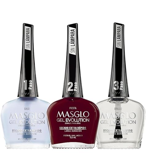 MASGLO GEL EVOLUTION - Esmalte de uñas efecto gel, sin lámpara UV/Led, duración hasta 12 días, 3 unidades, base, esmalte Fiesta, brillo - Efecto Gel