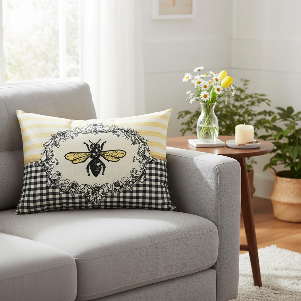 Comfy Hour 18"x13" Spring Bee Decorative Throw Pillow with Insert, Vintage French Country Style Cushion, Farmhouse Gingham Plaid Accent for Sofa and Patio, Polyester Home Decor, 1 Unit