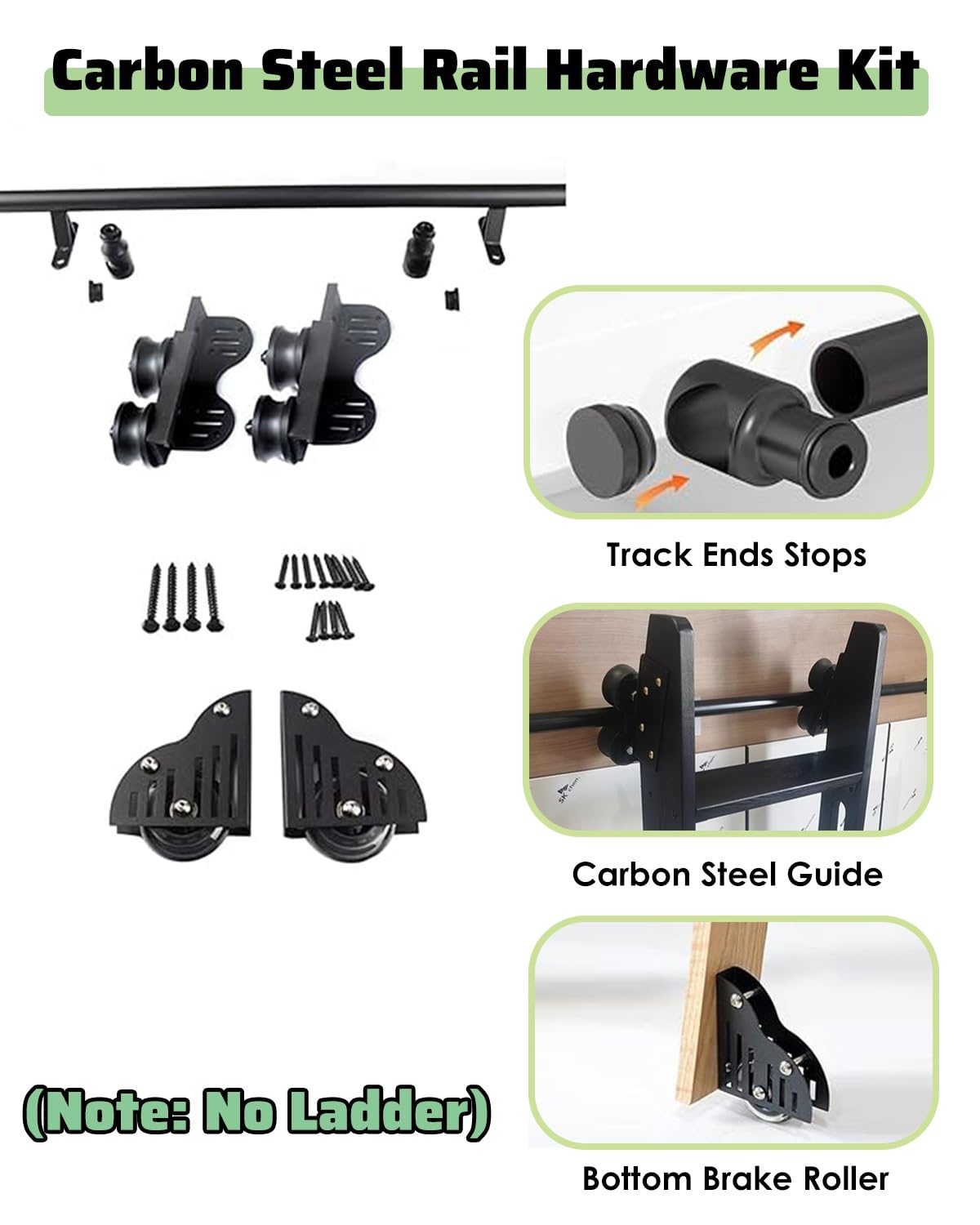 Bibliotheksleiter Hardware-Set für Mobile Bibliotheksleiter mit Unterem Bremsrolle, Teleskopische Obere Rollen für Bücherregal und Lager, Rundrohr(9.5ft/114in/290cm)