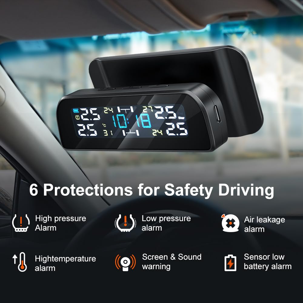 Tpms Sistema di monitoraggio della Pressione dei Pneumatici for Auto con sensore Solare Sensori Esterni della Pressione dei Pneumatici for 4 Ruote Pressione Pneumatici(T3 Internal)