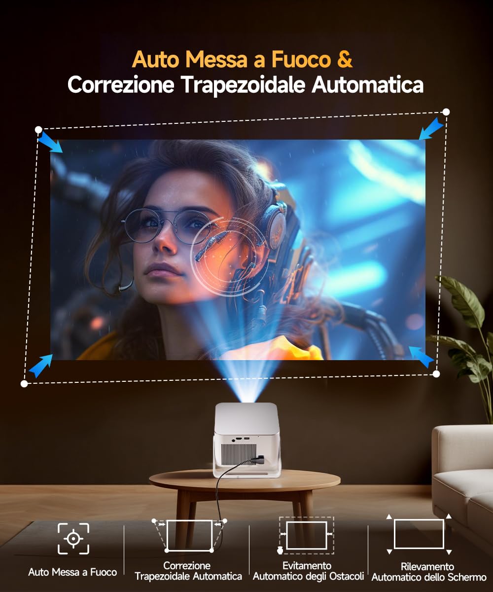 [Apps integrate] Mini Proiettore 4K & 8K Supporta, Proiettore Portatile 1080P con WiFi 6 Bluetooth 5.4, 600ANSI Messa Fuoco Automatica, Correzione Automatica Del Trapezzo, Rotazione 180° HY350MAX