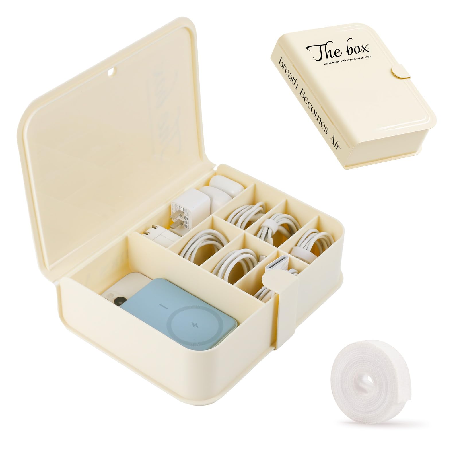 HOMEHIVE Large Electronics Organizer Cable Storage Box, Charger Cable Cord Organizer Case with A Long Cable Tie for Tech Electronic Accessories, Cream