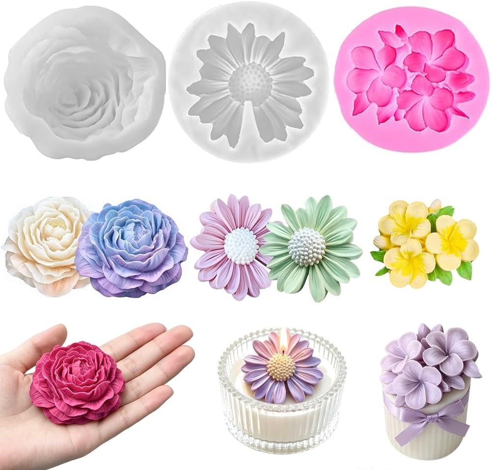 3 Piece 3D Flower Silicone Molds, Peony, Daisy and Egg Flower Shapes, for Candle, Soap, Plaster and Clay Crafts