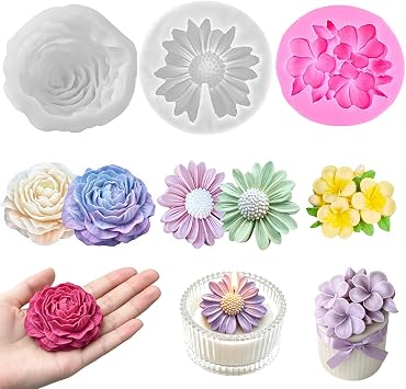 3 Piece 3D Flower Silicone Molds, Peony, Daisy and Egg Flower Shapes, for Candle, Soap, Plaster and Clay Crafts