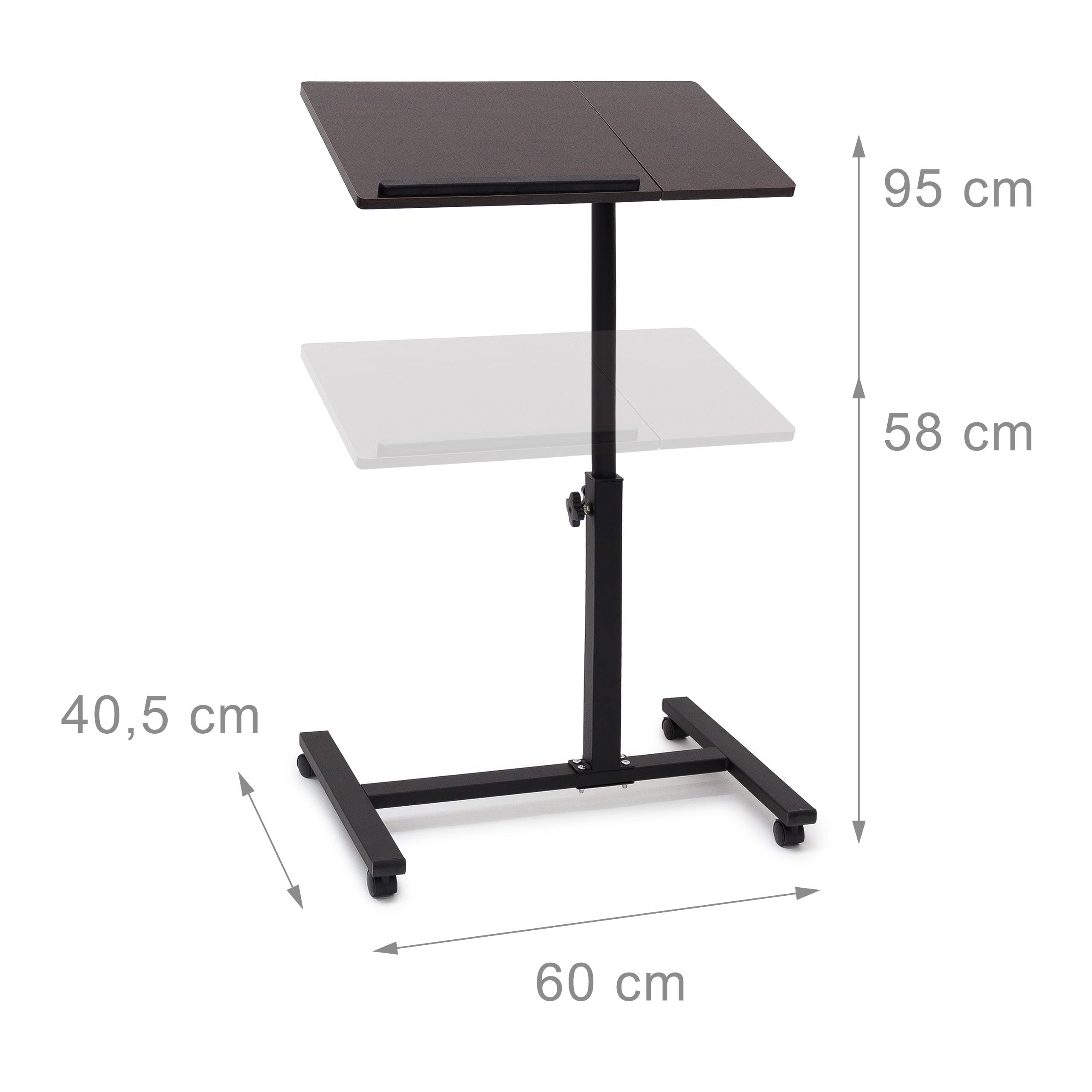 Relaxdays Table pour ordinateur portable hauteur réglable roulettes support pliable H x l x P: 95 x 60 x 40,5 cm bois d'ébène, noir
