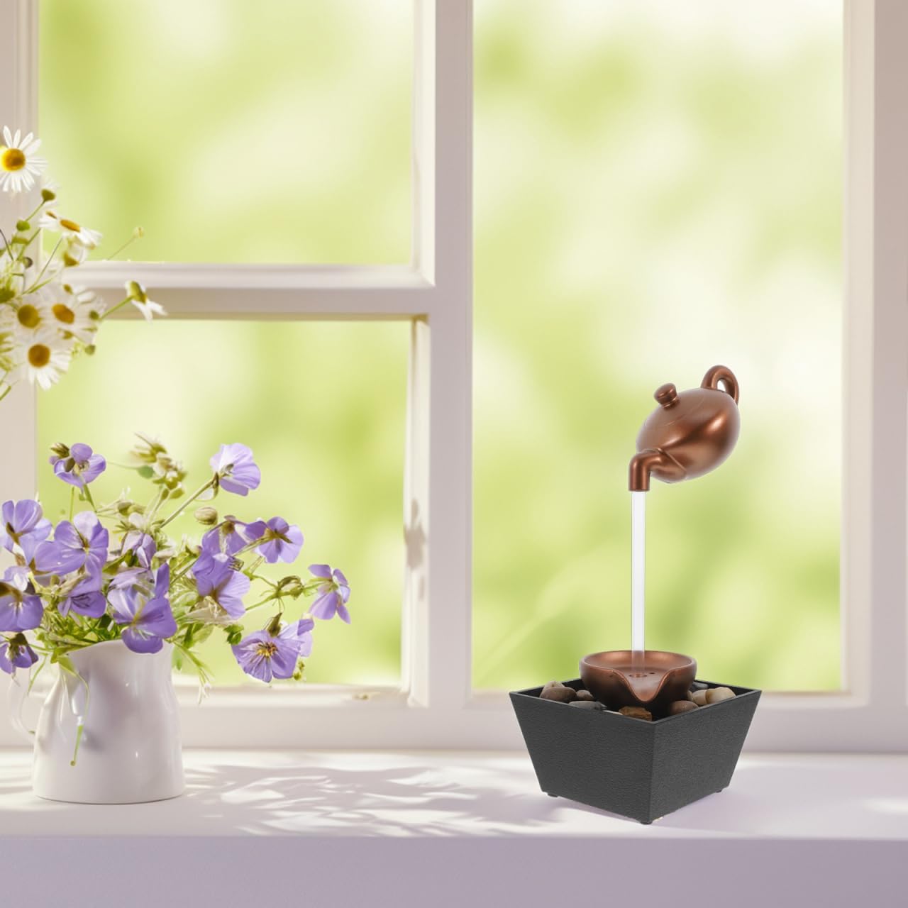 ibasenice Tischbrunnen Zimmerbrunnen mit LED Beleuchtung, Mini Wasserfall Indoor für Entspannung und Schlafzimmer, USB-Betriebener Zimmerspringbrunnen Gold, 11.5x11.5x13 cm