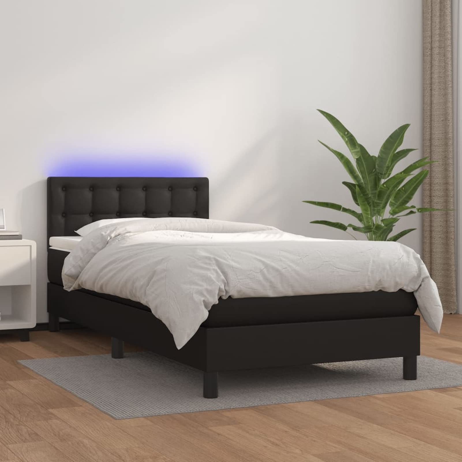 Letto a molle 90 x 200 cm, 90 x 200 cm, con materasso, letto a molle, letto singolo con testiera e LED in ecopelle, colore nero, 90 x 200 cm