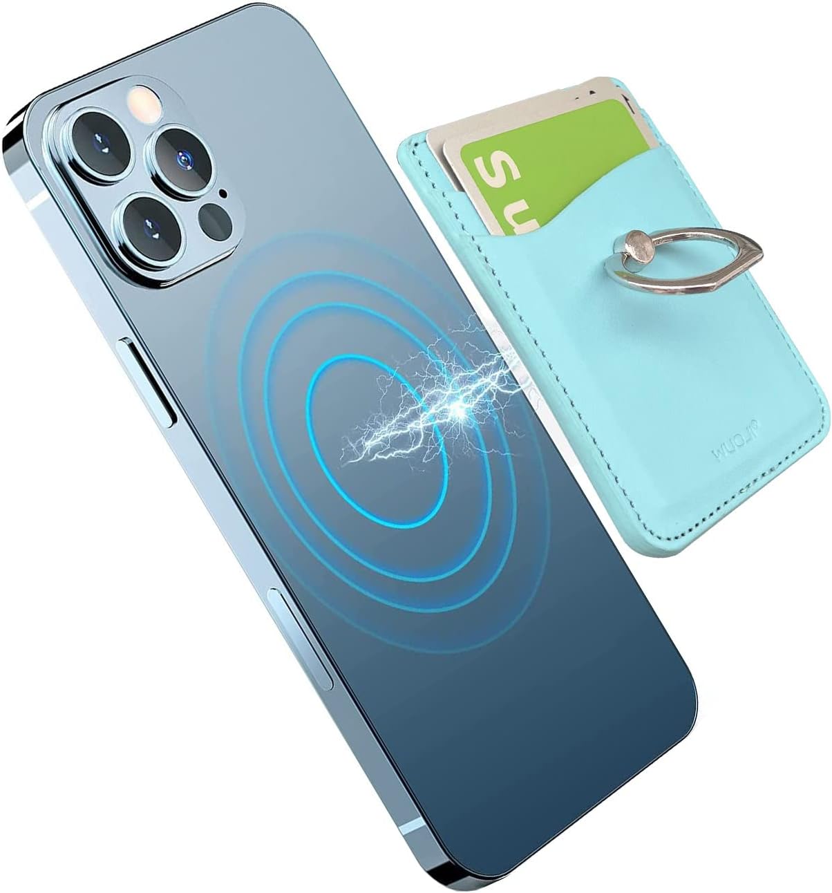 Magnetic Wallet Phone Grip Stand, Magnetic Phone Wallet Stick On with Cell Phone Kickstand, Compatible with iPhone 12 Pro Case & iPhone 13 Series (Light Blue)