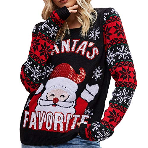 Women's Red Santa Sequin Ugly Christmas Sweater - Cute Santa Holiday Sweater with Sequins L