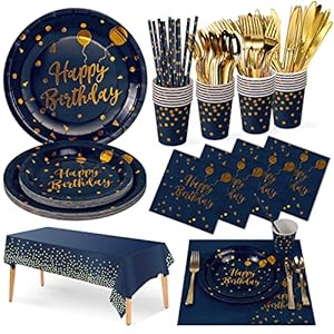 Nkaiso Cumpleaños Vajilla de Fiesta,161 Pcs Azulmarino Dorados Vajilla Set Platos Fiesta Tazas Servilletas Cuchillos Tenedores Cuchara y Mantel, para todo tipo de Fiestas Temáticas-20 invitados