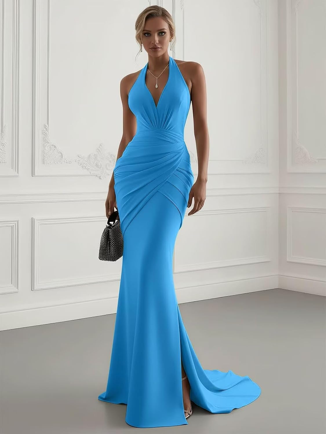 Halter Neck Mermaid Prom Dress 2026 with Slit Stretchy Satin Formal Gowns and Evening Dresses with Slit