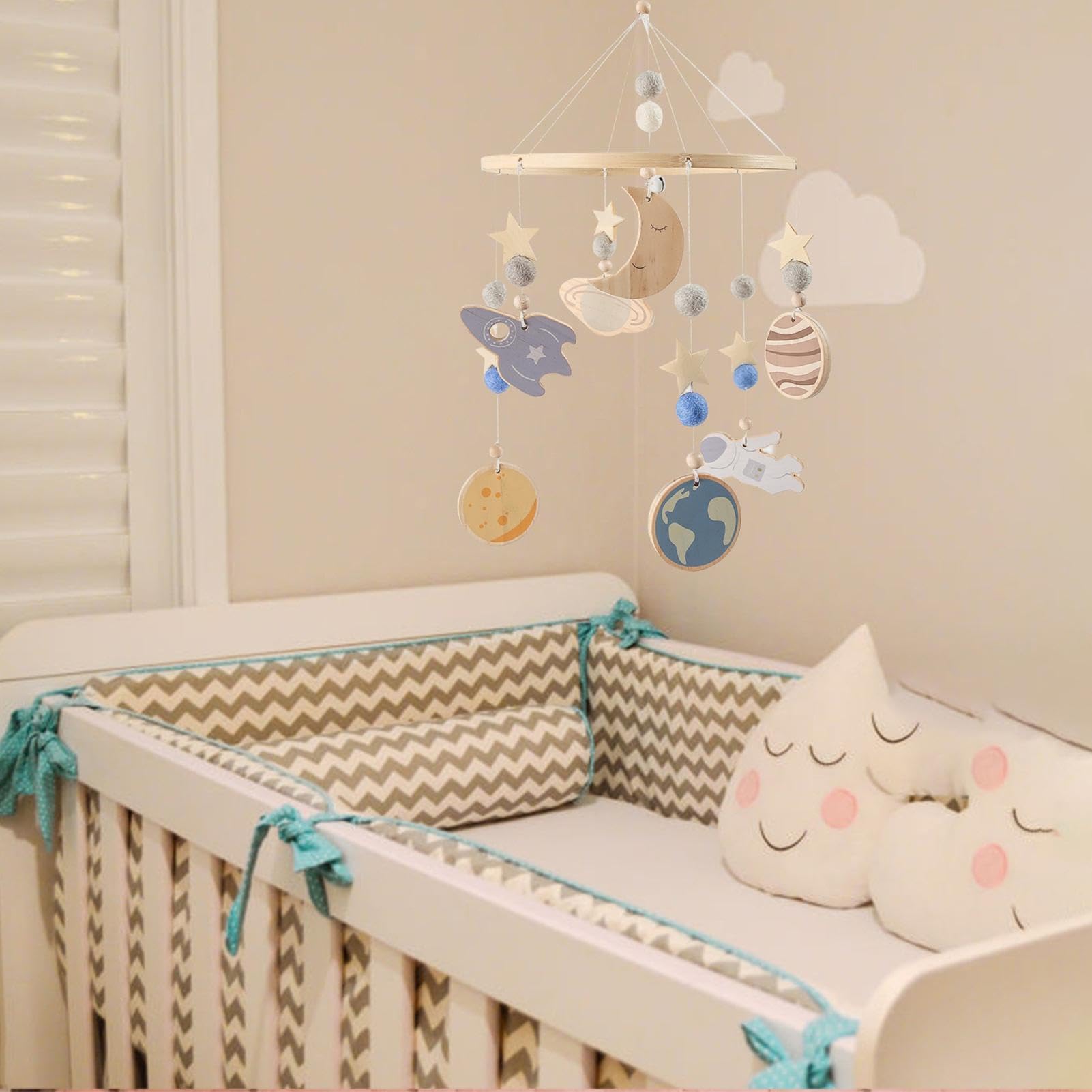 Mobile in legno, nave spaziale, decorazione per la cameretta dei bambini