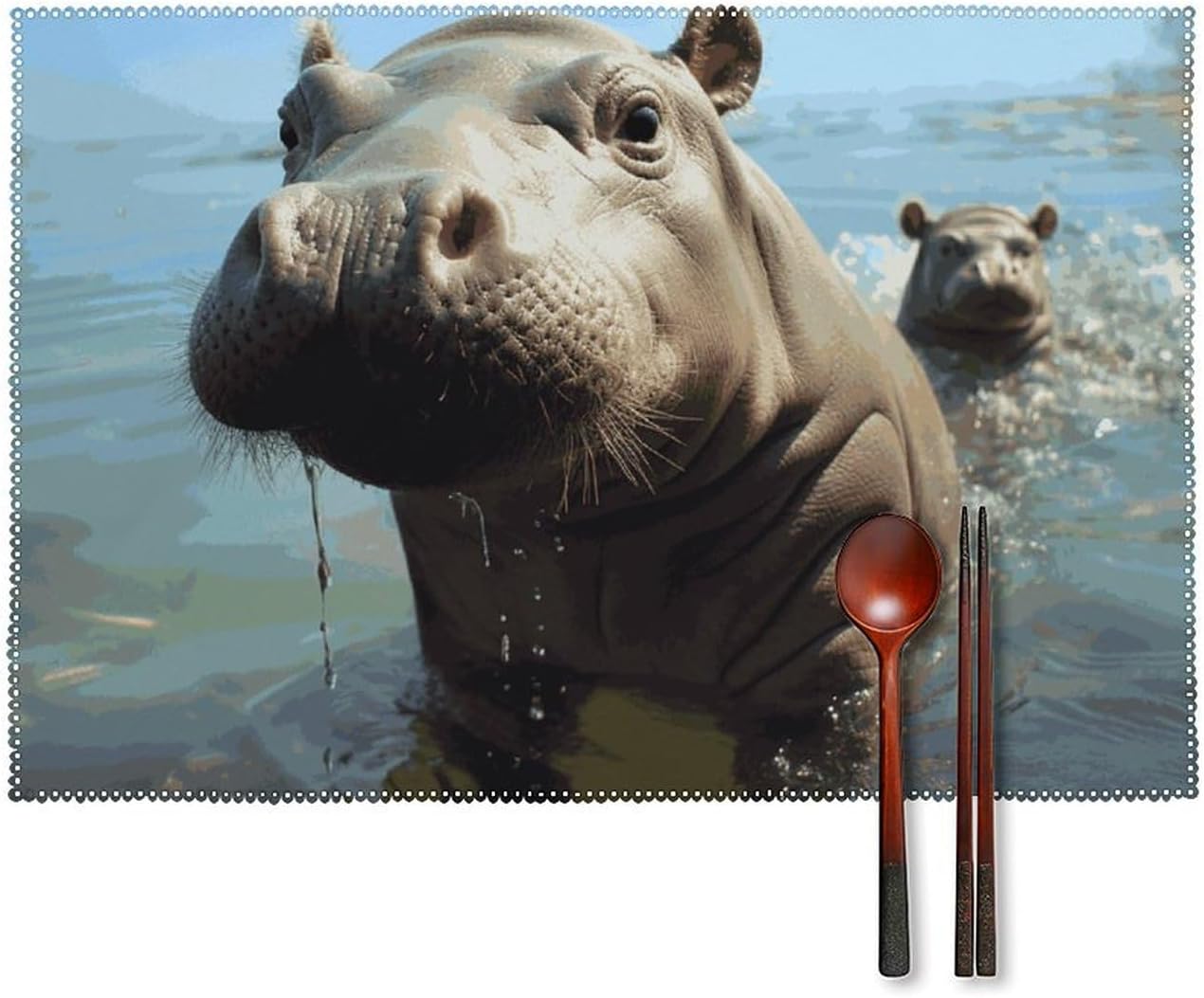 Canvas Placemats Set of 6 Cute Baby Hippos Printed Heat-Resistant Placemats Wrinkle-Free Place Mats for Dining Table, Easy to Clean 17.7 X 11.8 Inches