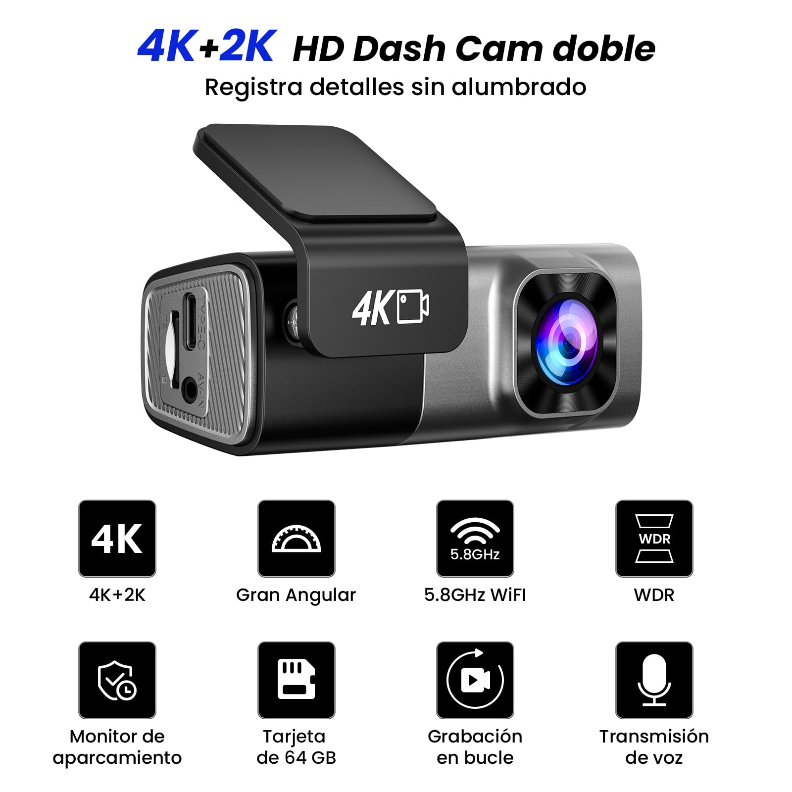 MANKIW 4K/2K Dashcam WiFi Dash Camera para Coches, Mini Cámara para Coche, 4K Front+2K Trasera Dashcam con App,Tarjeta 64GB,Visión Nocturna, WDR, G-Sensor,Grabación en Bucle,Soporta Modo Parking 24H