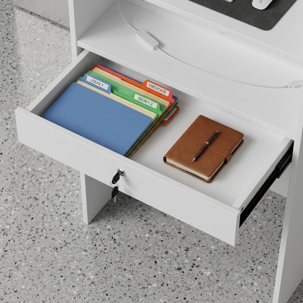 Kleine Empfangstheke mit Abschließbarer Schublade, Rezeptionstheke mit Stauraum, Kassentisch für Salon, Büro, Geschäft, Praxis und Empfangsbereich, Weiß, 58,9 × 38,8 × 104,4 cm