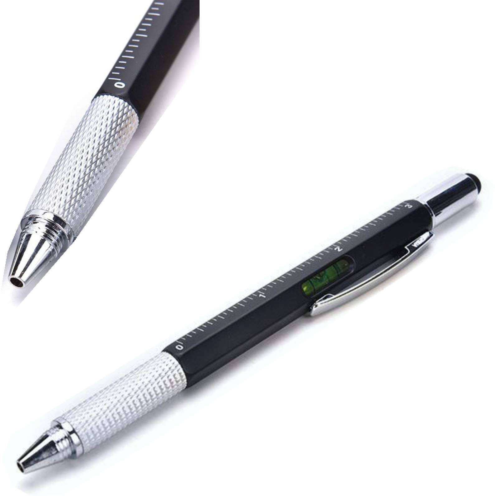 7in1 Handy Pen Gadget Stylus Built-in Ballpoint Black Ink Pen Screwdriver Ruler Spirit Level (Black Shell)