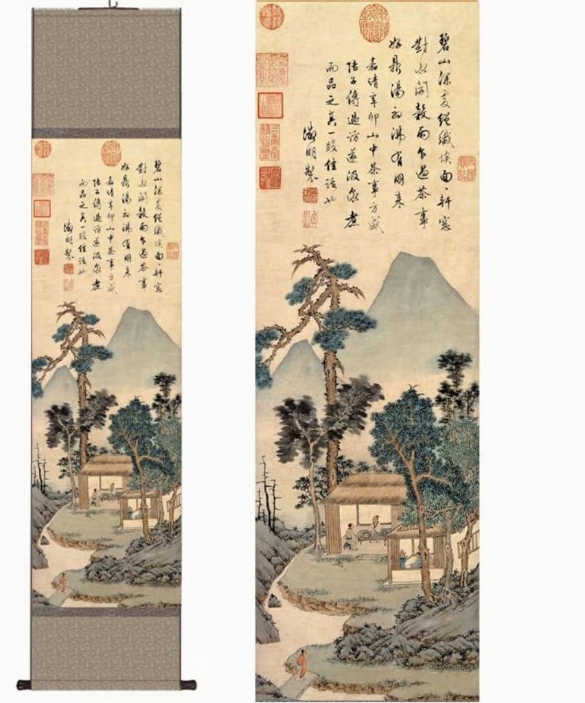 JSJTAMUS Chinese Landscape Painting Decor, Ink Painting Wall Art, Wall Hanging Scroll with Wood Frame, Oriental Wall Art, Asian Art Wall Decor, Zen Home Decor Aesthetic (A01)