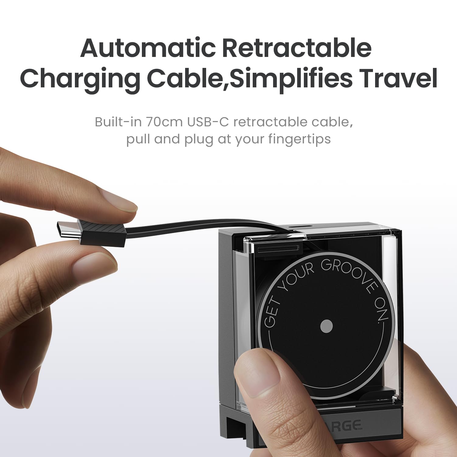 SHARGE Chargeur USB-C Mural GaN 65W PD avec Rétractable Câble Intégré Noir