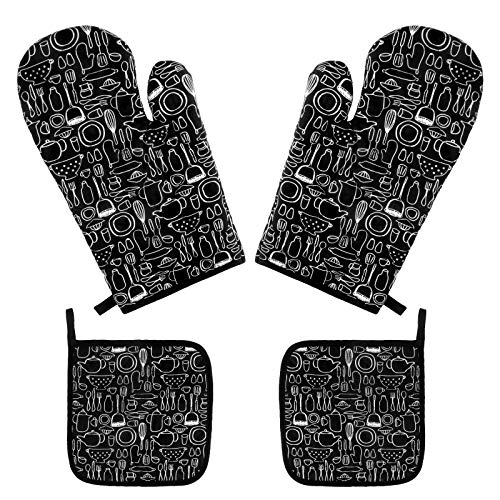 Huahao Ovenhandschoenen en pannenlappen set 2 ovenwanten + 2 pannenlappen, hittebestendige bakhandschoenen voor grillen, koken, bakken, magnetron, BBQ grillen koken bakken