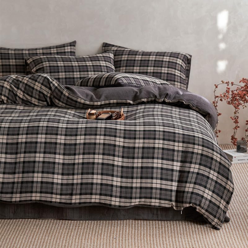 Image of VM VOUGEMARKET Grey Gingham Duvet Cover King Size,Soft Double Layer Cotton Bedding Set with Jacquard Plaid Check Pattern,Breathable Reversible Duvet Cover with Zipper Closure