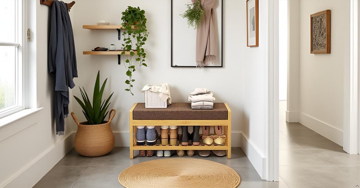 Keeam Decor Wooden Shoe Storage Bench 30D x 55W x 45H withSheesham Wood Shoe Rack - Elegant and Functional Organizer, with Brown seat 3