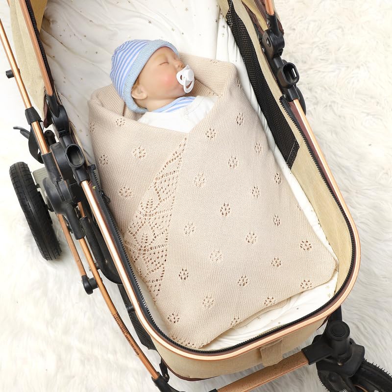 LAWKUL Cellular Blanket Baby 100% Cotton Knitted Soft Babe Crochet Blankets for Newborn Boy Girls Toddler 100x80cm Beige - Image 2
