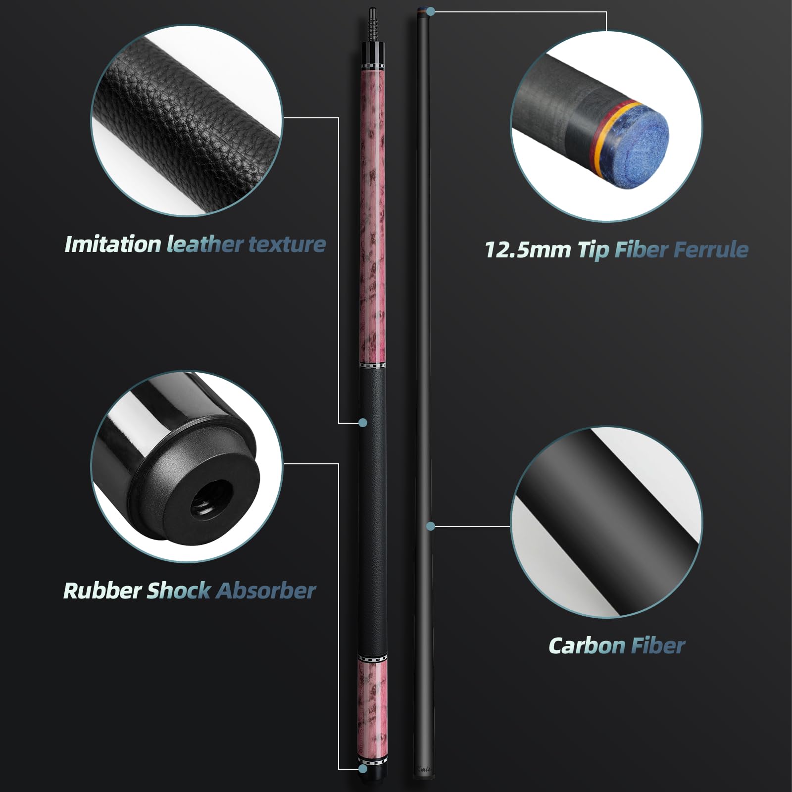 Kmise Stecca da biliardo in fibra di carbonio, 100% fibra di carbonio, asta da 147,3 cm professionale per adulti, tecnologia Full Carbon, punta da 12,5 mm, perno giunto 3/8-8, 552,8 g, coda da