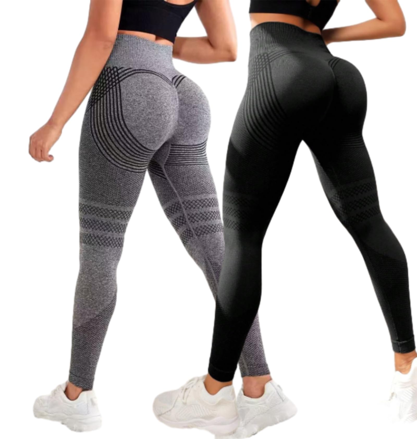 AMOUSDRDR Anti Cellulite Leggings for Women UK, 3D Leggings Cellulite Compression, Resistance Band High-Waist Workout Tummy Shaping Leggings, Seamless Scrunch Butt Lift Yoga (Black + Light Gray,L)