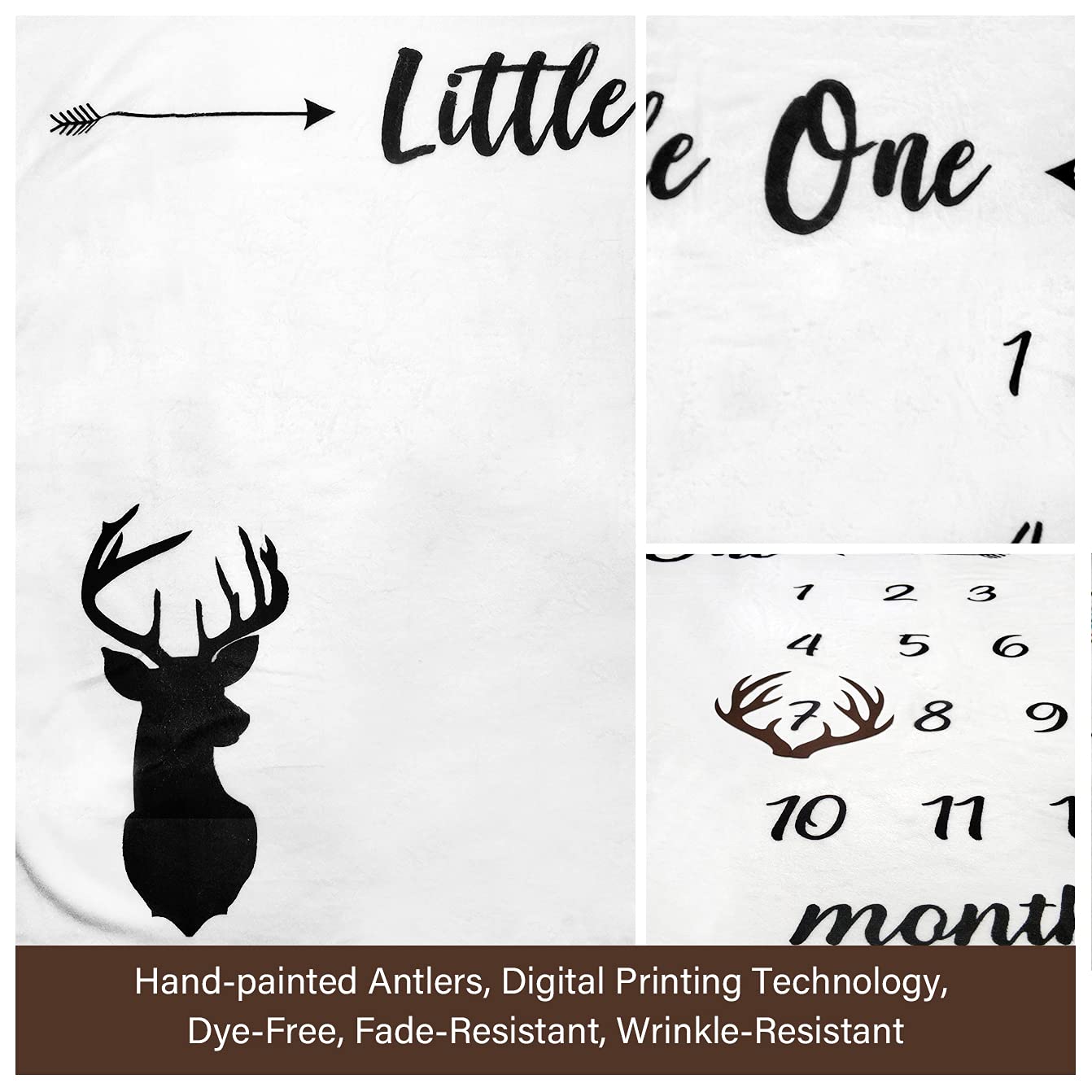 Manta mensual para bebé – Manta para recién nacido, unisex, neutral, personalizada, regalo de ducha, cornamentas de ciervos, decoración de guardería, fondo de fotografía con marco grande de 128 x 100