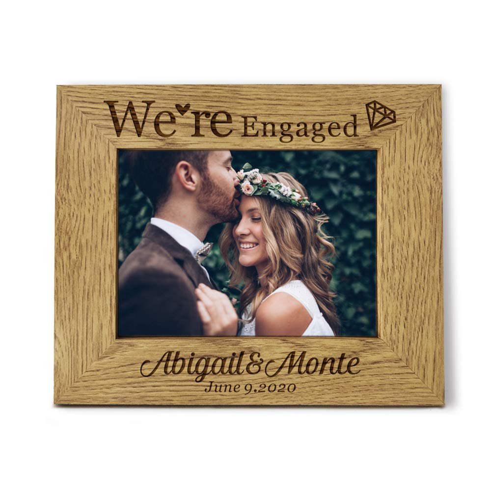 Edsg Engaged Personalised Photo Frame Laser Engraved Wooden Photo Frames 4X6 Engagement Picture Frame 5X7 Personalised Engagement Gifts For Couple With Any Date Any Name Any Text (Landscape, )