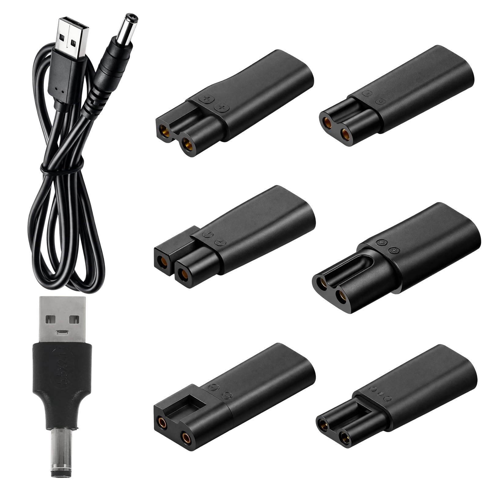 7Pcs USB Shaver Charger Cable Kit, Electric Shaver Adapter, Universal 6 Interchangeable Adapter Heads + 1 USB Cable, Compatible with Electric Shavers, Hair Clippers, Beard Trimmers, Beauty Devices