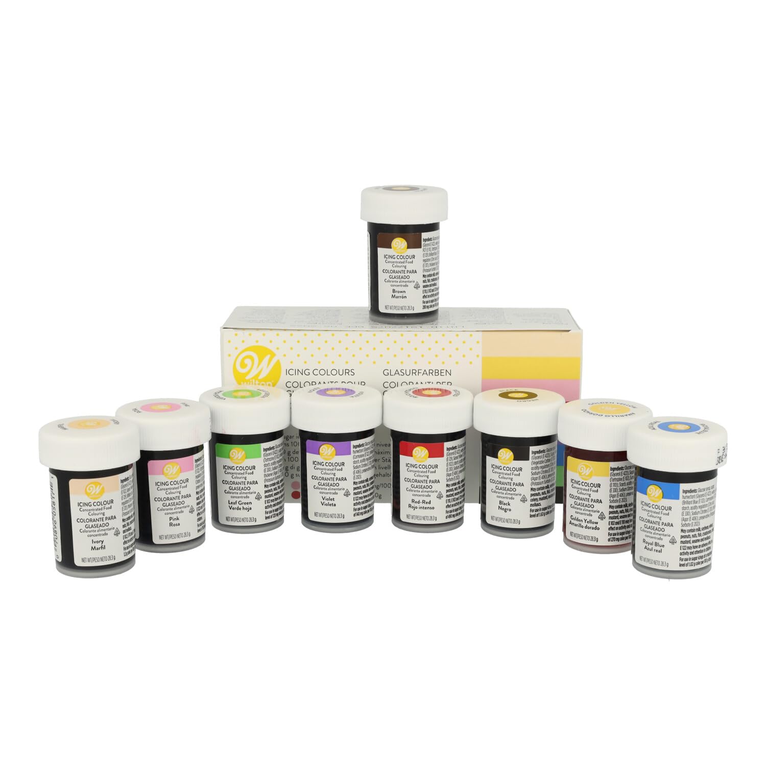 bakeryteam Lebensmittelfarben 8er Set plus Braun, Wilton Glasurfarbe Icing Colour 9 х 28g