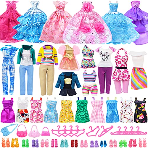 45 PCS Doll Clothes and Accessories, Doll Clothes Set = 10 Fashion Casual Doll Outfits 3 Party Wedding Dress 5 Mini Dress 3 Jackets 4 Bags 10 Pairs Doll Shoes 10 Doll Hangers for 11.5 Inch Girl Dolls
