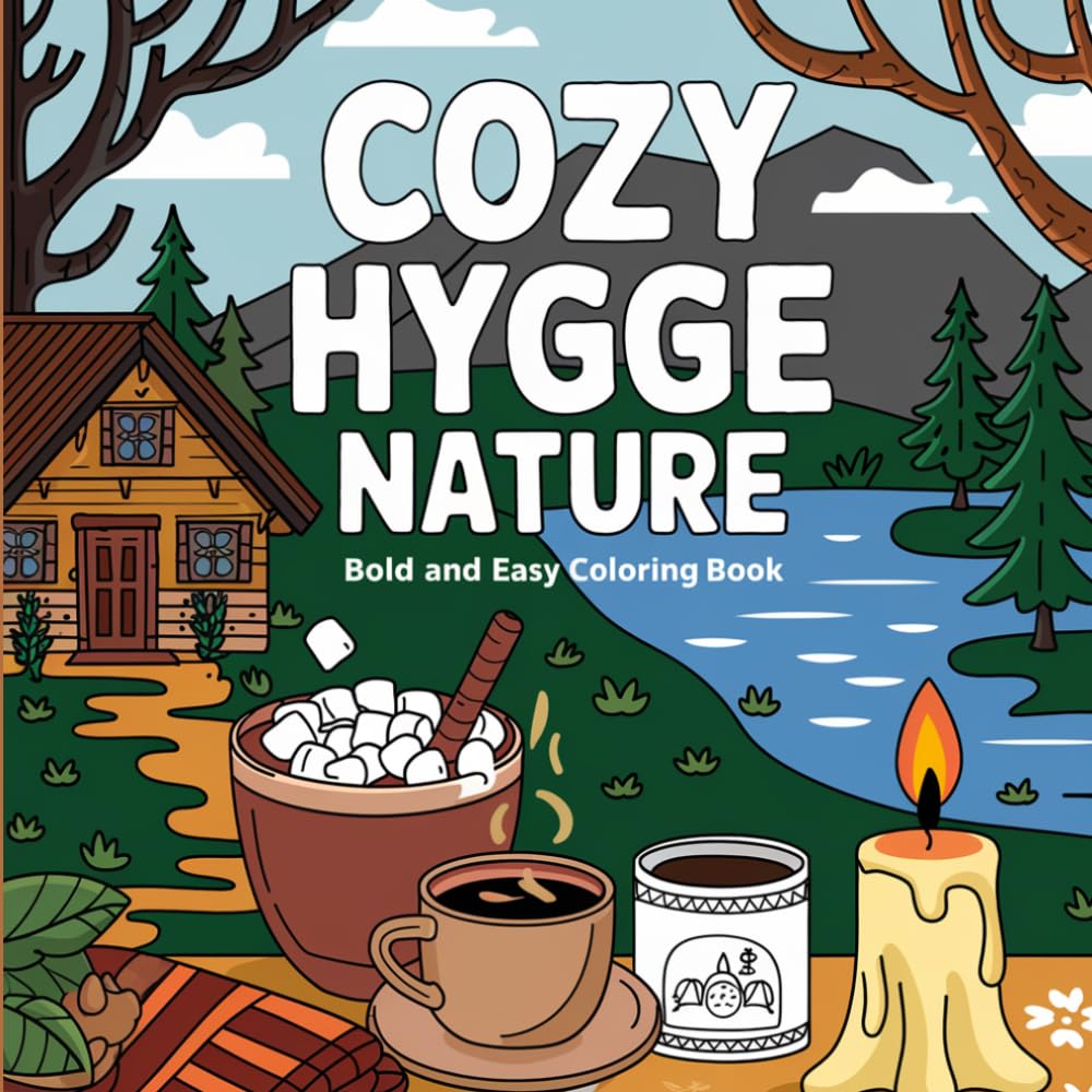 Cozy Hygge Nature Coloring Book: 128 Bold and Easy Landscape Illustrations for Adults & Teens — Cabins, Forests, Candlelight & Peaceful Outdoor Scenes