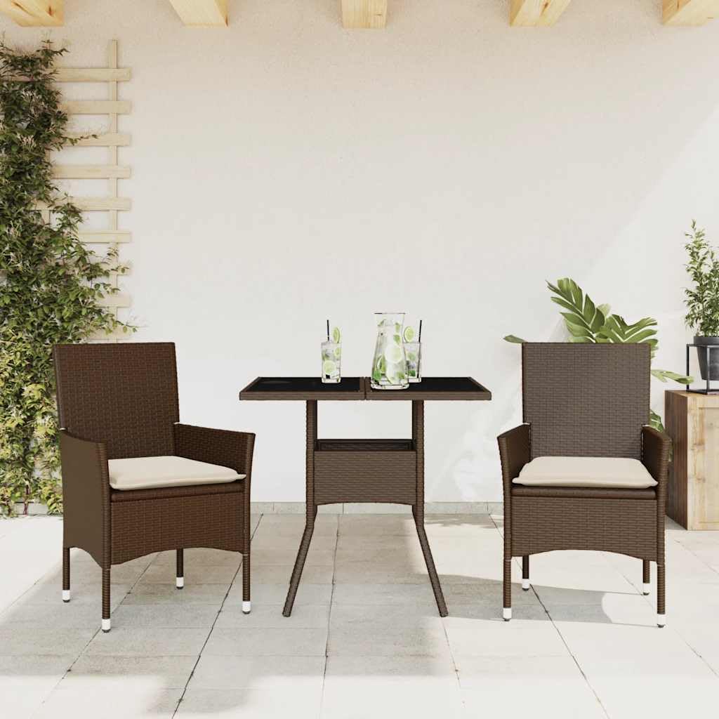 Ensemble à manger de jardin 3 pièces marron rotin et table verre