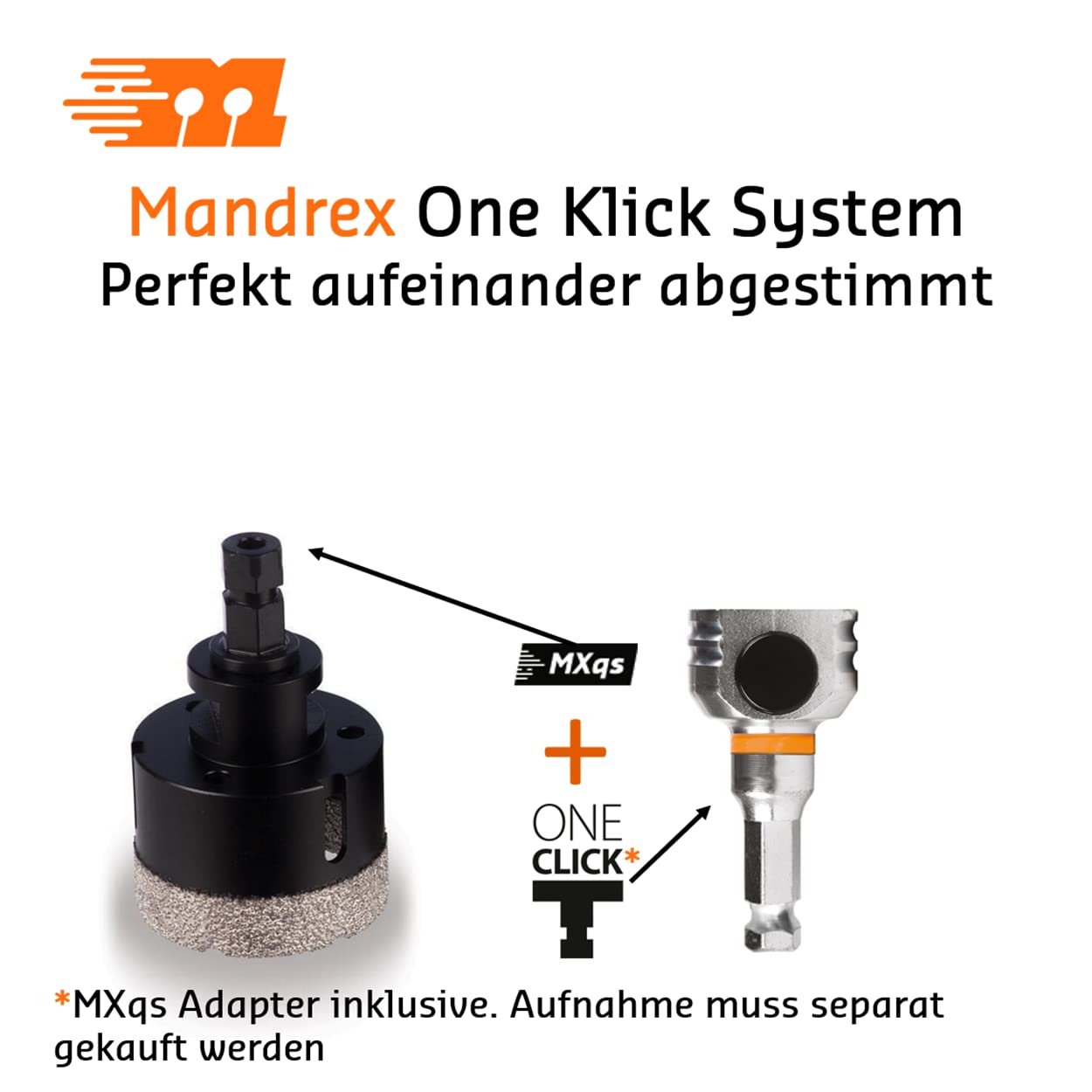 Mandrex | Broca para azulejos Premium M14 diamante sierra de corona para taladro con adaptador MXqs para grabación One Klick | Ø 65 mm