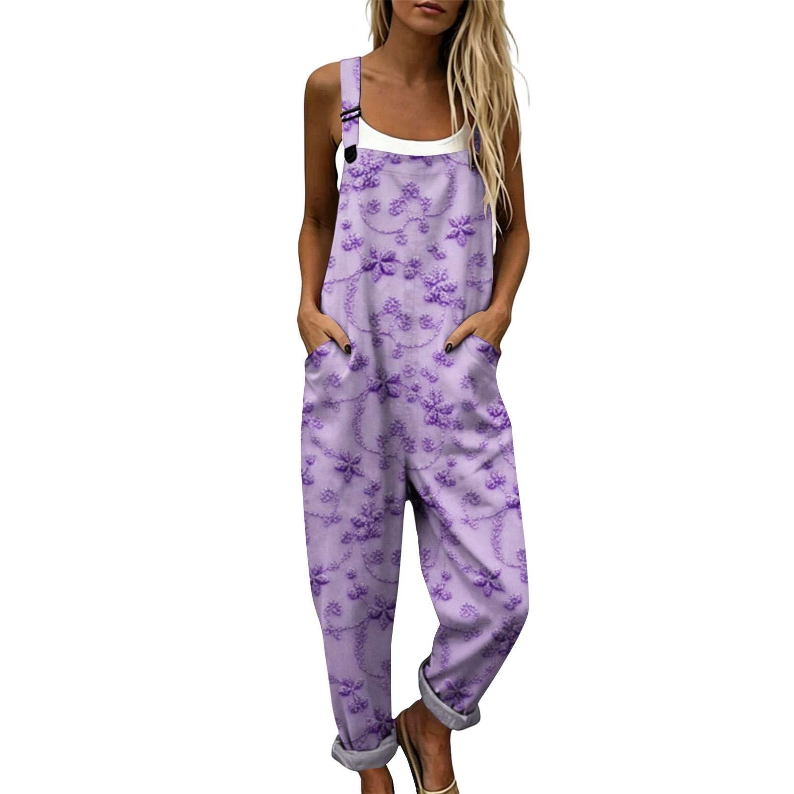 Générique Salopette Femme Été Imprimé Fleuri Combinaison Pantalon Large avec Poches Bretelles Réglables Style Bohème Chic Ample Respirante Tenue de Plage Vacances Décontractée