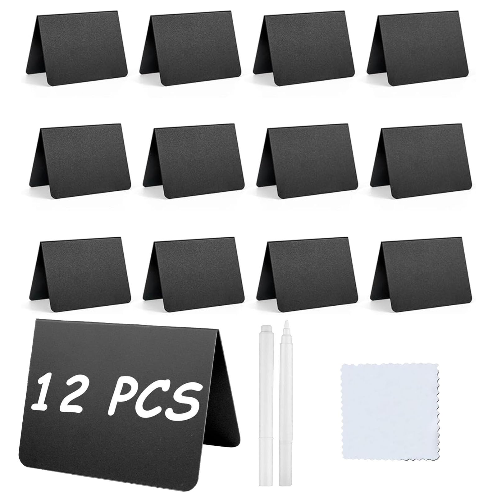 LightBeacon Pizarra Pequeña de Tiza 12 Piezas 10 x 7,6 cm Portaprecios en Forma de V PVC Negro con Rotuladores y Paño