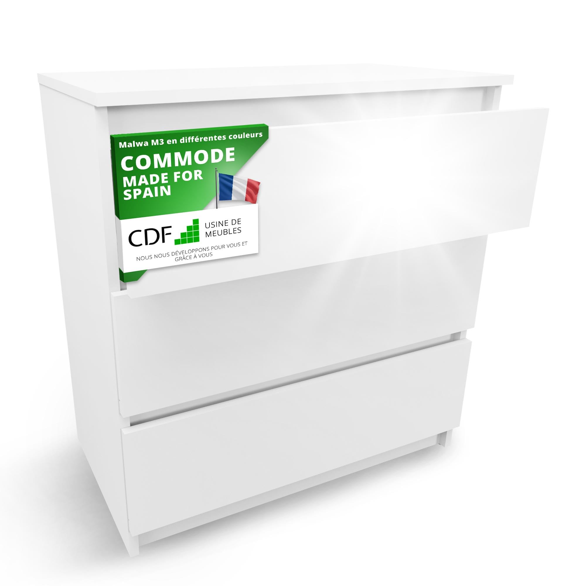 CDF Malwa M3 Commode Blanc Brillant Meuble pour Documents Petit Objet Idéal pour Salon, Chambre à Coucher, Chambre d'enfant, Chambre d'adolescent et Bureau, 3 tiroirs spacieux, Table de Chevet