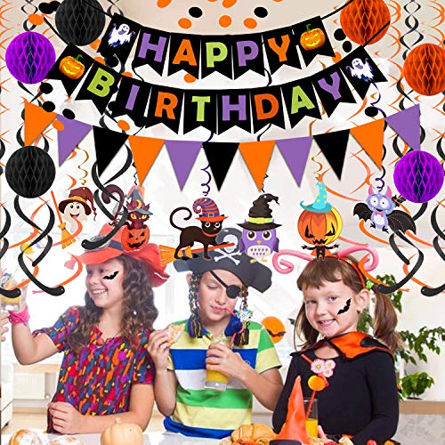 Fecedy HALLOWEEN BANNER SET 2 Happy Birthday Banner Paper Triangle Flag Bunting Circle Confetti Dots Hanging Garland Honeycomb Ball Swirl Streamers thumb #4