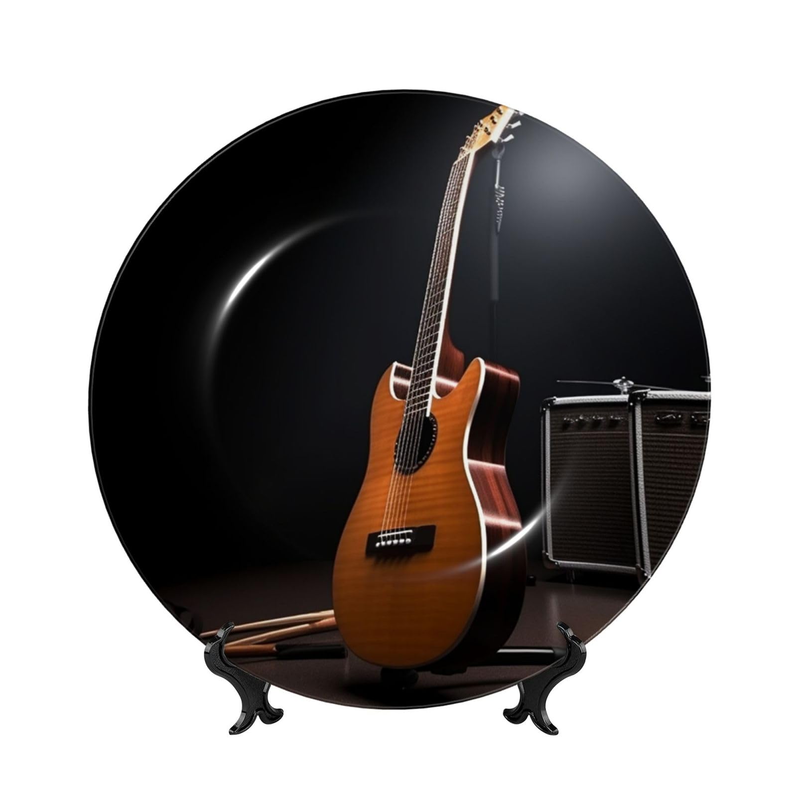 Assiette décorative en porcelaine anglaise 15cm avec motif de guitare et support de table