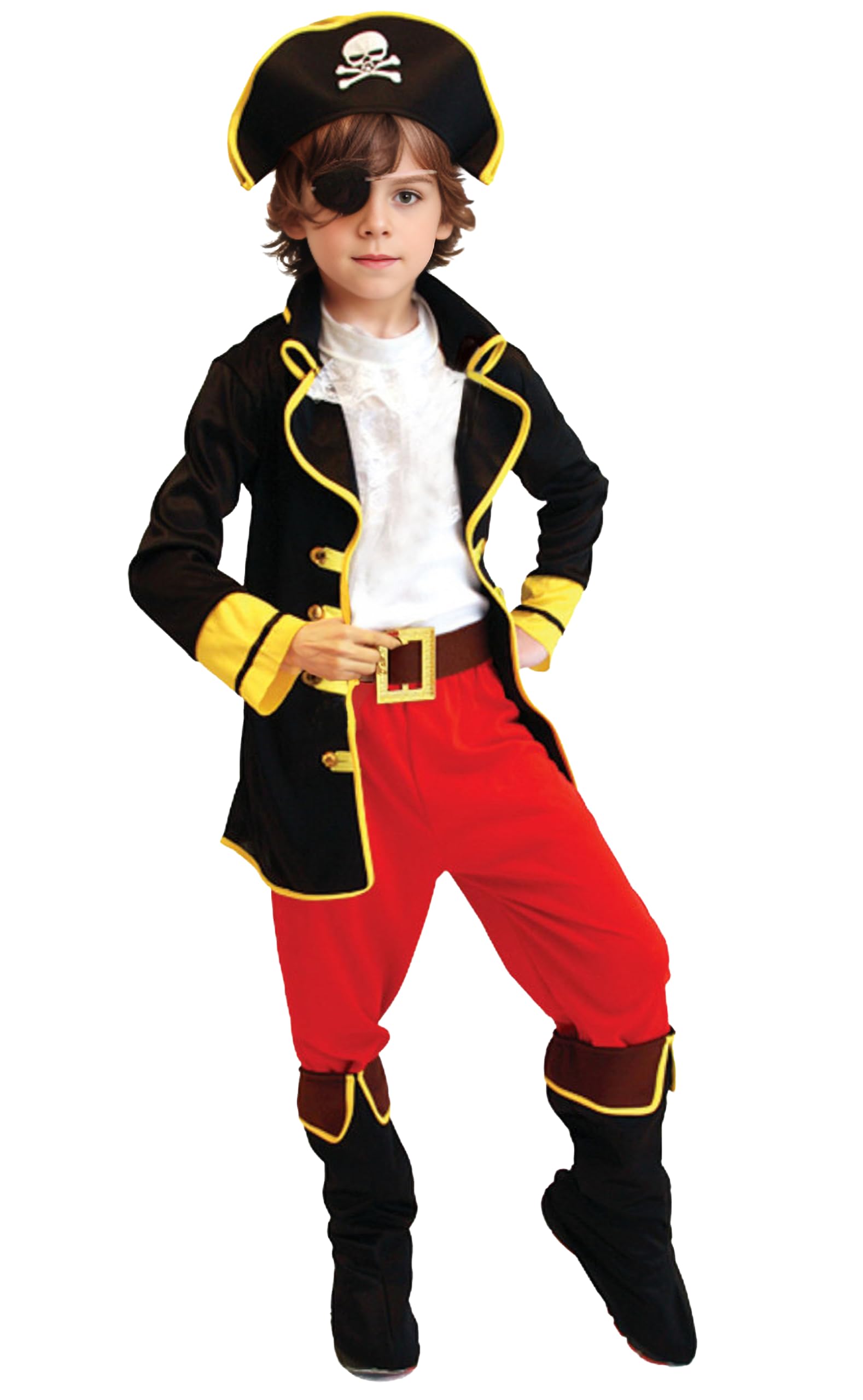 Cloudkids Disfraz de Capitán Pirata para Niños (4-12 años) Disfraz de Halloween Cosplay Traje de Pirata para los niños - Infantil Disfraces Incluye Sombrero parche y Cinturón