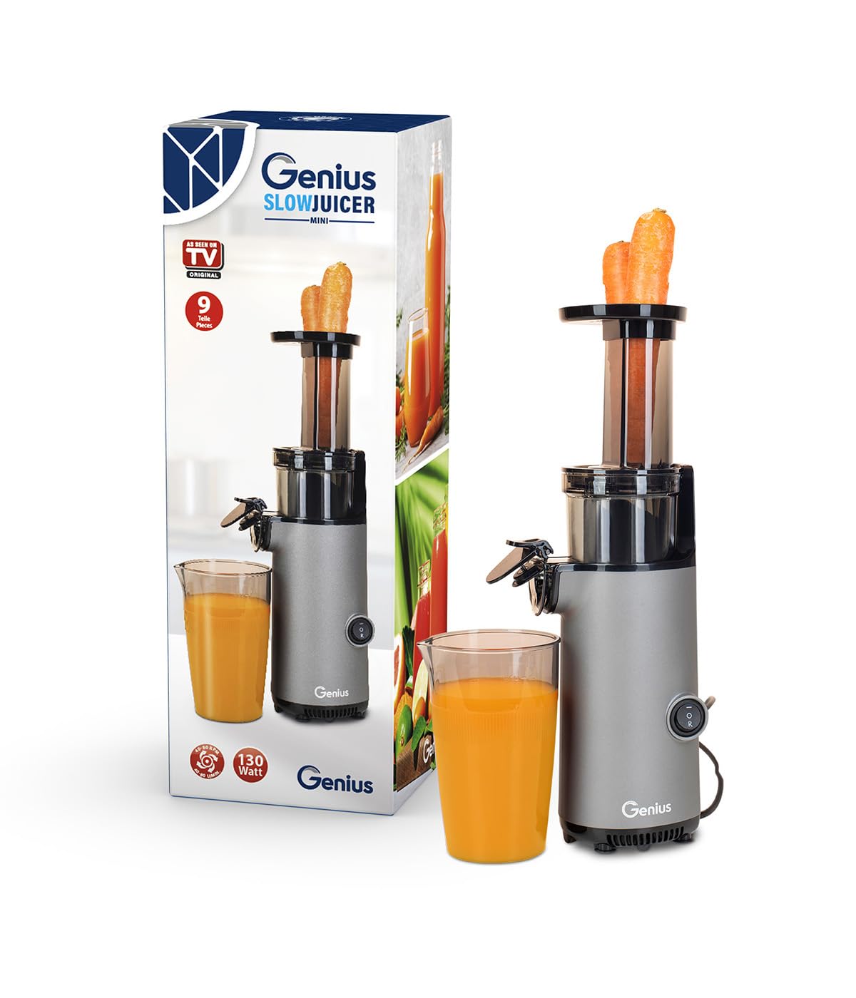 Genius Slow Juicer Mini Saftpresse für Gemüse und Obst, 9-teilig, Kaltpresse, 130 W, leise, einfaches Design, leichte Fruchtpresse, elektrisch, einfache Reinigung mit Bürste