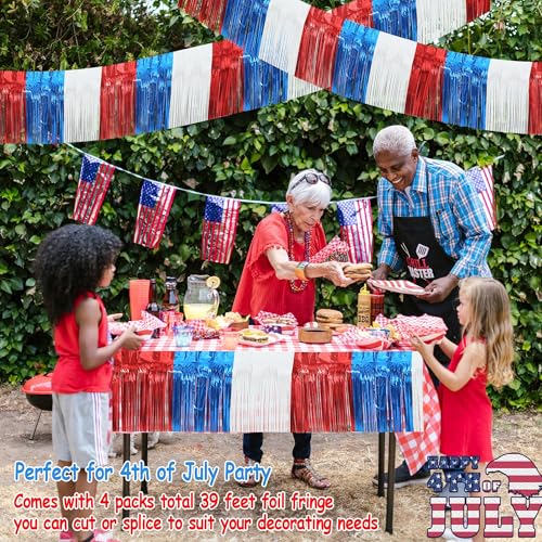 Image of 4 Packs Total 39 Feet 4th of July Parade Floats for Trailer Car, Red White Blue Foil Fringe Garland Patriotic Tinsel Streamers Banner Table Skirts for Graduation Homecoming Wedding Birthday Party